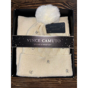 NEW Vince Camuto Gift Set- Pearl Crystal Embellish Glam Pom Hat & Cheveron Wrap